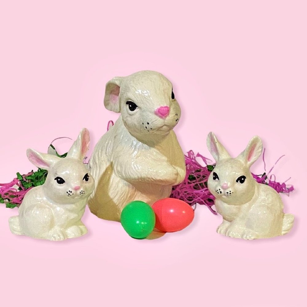 3 Vintage Ceramic Easter Bunny Rabbits Scioto Mold '85 White Glazed Hand-painted